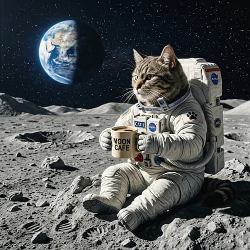 一个月球上喝咖啡的猫